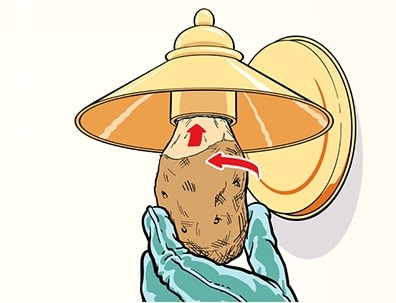 Illustration of a potato wearing a large Asian conical hat, wrapped in a blue cloth, with a broken light bulb pointing to its eye.