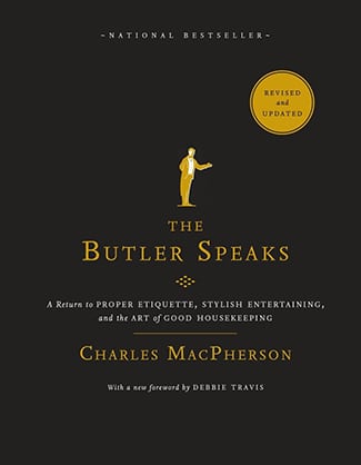 Cover of the book "The Butler's Guide" by Charles Macpherson, featuring a butler illustration and information about etiquette, entertaining, and managing household.
