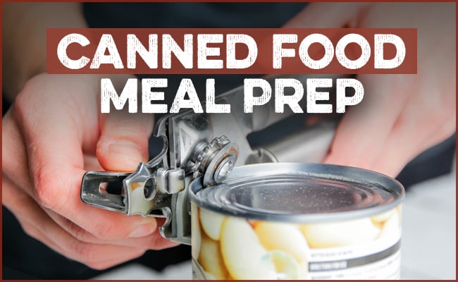 Hands using a can opener to access tinned food, with text above reading "Cheap Eating Meal Prep.