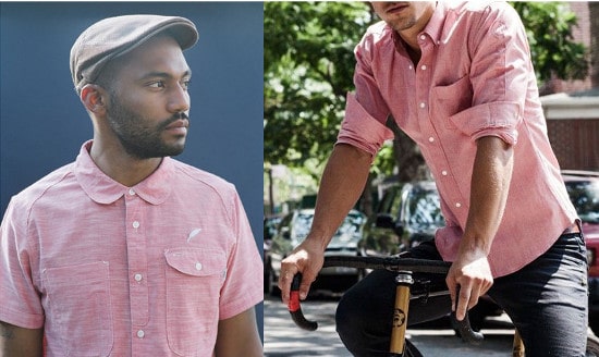 Men wearing pink chambray button shirts.