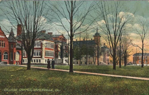 Vintage illustration college campus open grounds.