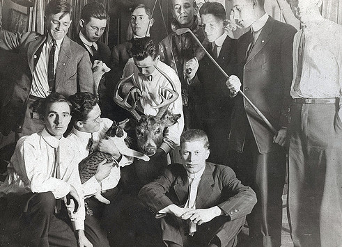 Vintage 1920s college frat fraternity young men in nice clothes suits ties.