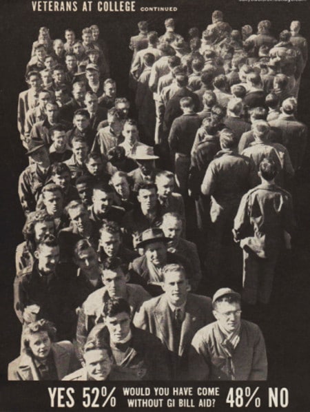 Vintage veterans at college walking in group.