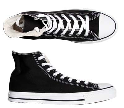 Black canvas shoes with top and side view.