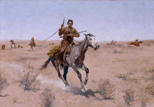 A manly painting of a horseback rider in the desert.
