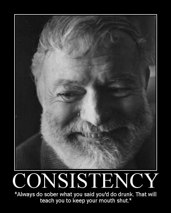 Motivational quote about Consistency by Ernest Hemingway.
