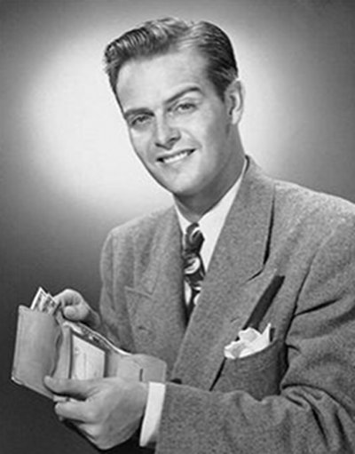A black and white photo of a grandfather holding a wallet, showcasing personal finance principles.