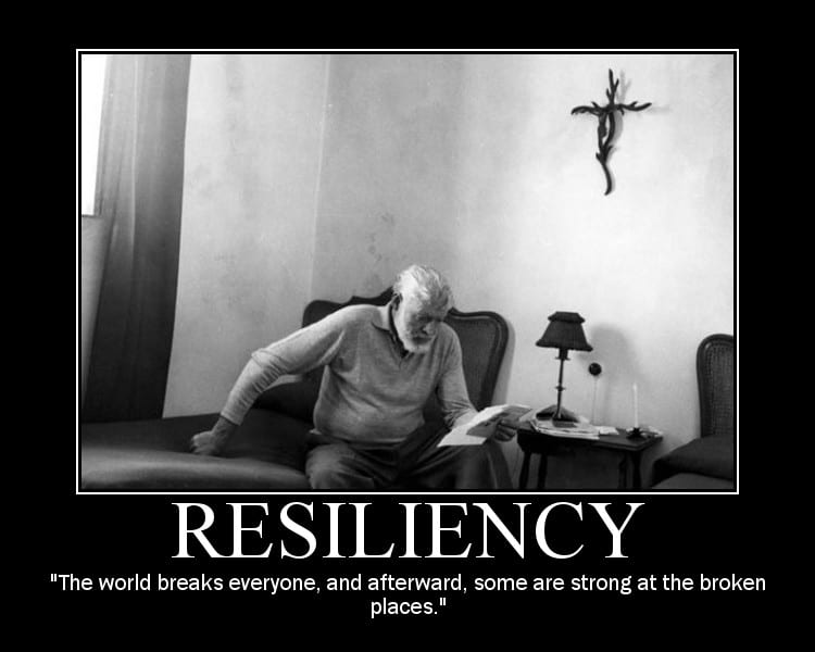 Motivational quote about Resiliency by Ernest Hemingway.