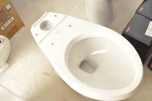 Assembling toilet bowl without tank. 