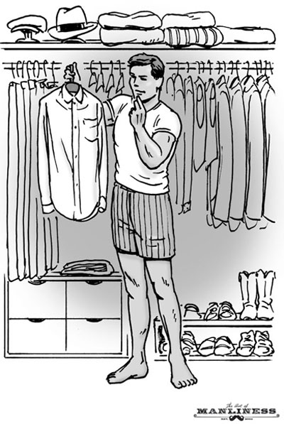 Man in large closet picking out clothes illustration.