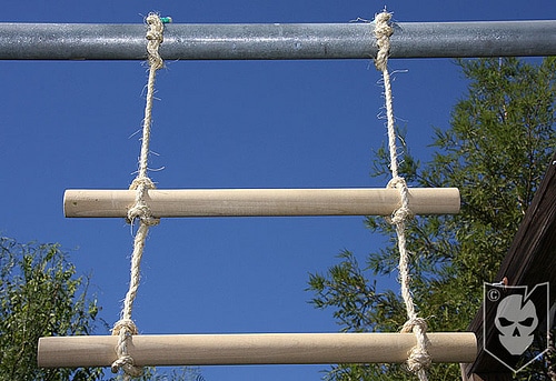 Fitted the wooden pieces of rungs in two ropes. 