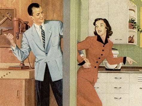 An illustration of a man and woman in a kitchen, emphasizing the concept of "Male Space".