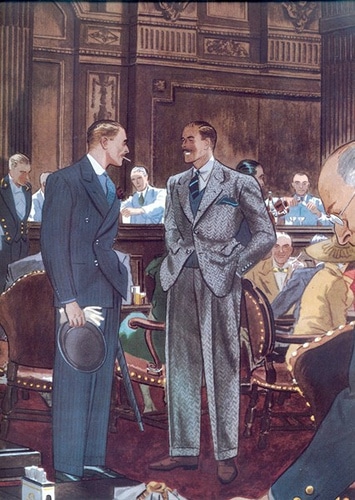 A painting capturing the socialization between two men in a courtroom.
