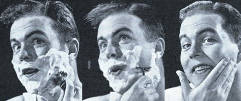 Vintage illustration of clean shaven face after shaving.