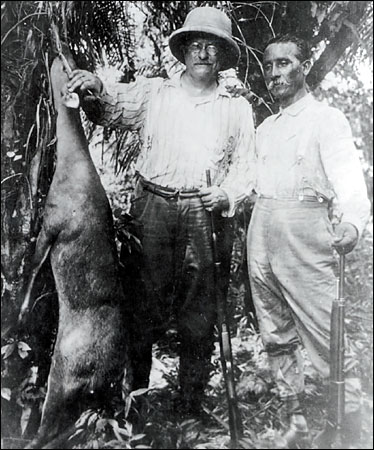 Roosevelt on the left with a deer he had shot and Candido Rondon is on the right.