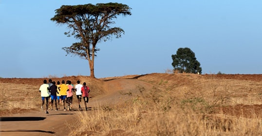 A group of weekend warriors jogs on a dirt path in a dry landscape, their endurance tested by the terrain, with a solitary tree standing in the distance.