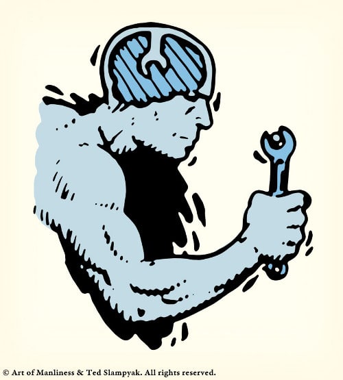 An illustration of a man holding a tool.