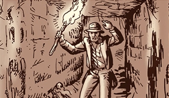 An adventurer skillfully holding a DIY torch while navigating through a narrow cave or corridor.