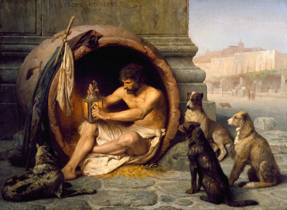 Painting man homeless toga dogs looking on Greek.
