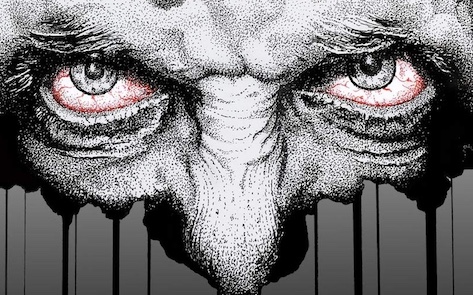 A black and white drawing of an old man with red eyes.
