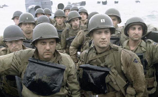 A group of men in military uniforms standing next to each other, reminiscent of classic war films.