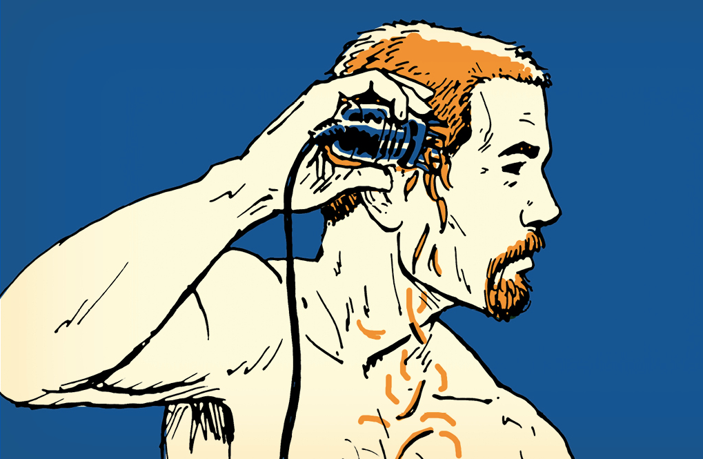 An illustration of a man giving himself a buzz cut with a hairdryer.