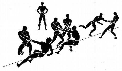 WWII strength and conditioning exercises tug of war illustration.